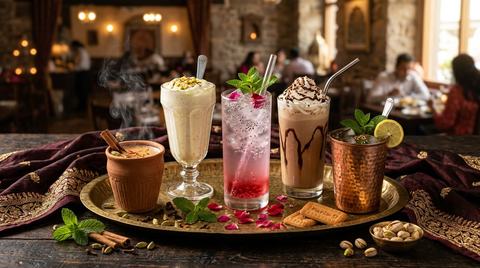 Masala chai, sweet lassi, rose sherbet, cold coffee and jaljeera on a brass tray