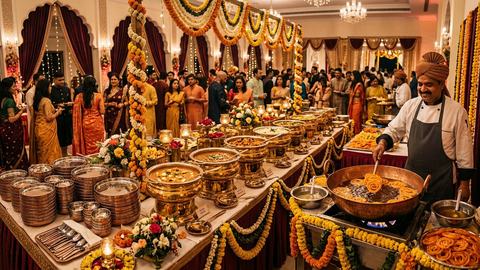Wedding catering buffet with brass chafing dishes and a live jalebi counter