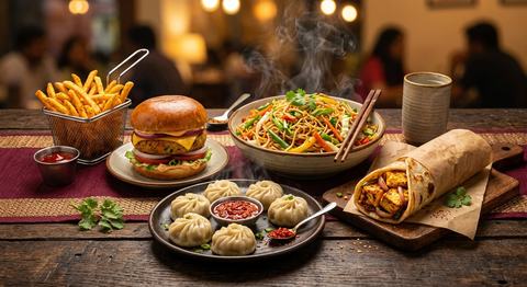 Veg chowmein, momos, fries and a burger spread