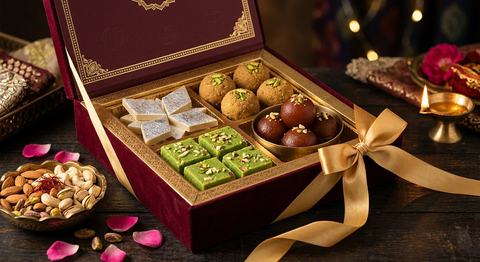 Maroon and gold mithai gift box filled with assorted sweets