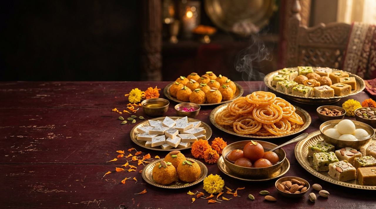 A festive spread of jalebi, laddus, kaju katli and Indian sweets at Ajay Sweets & Restaurant