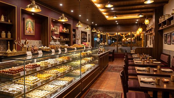 Warm interior of the sweet shop with mithai counter and dining tables