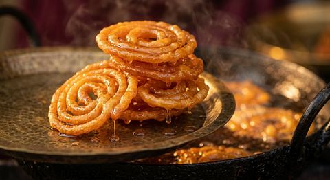 Close-up of golden jalebi