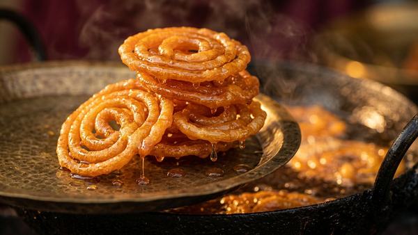 Stack of glossy golden jalebi on a brass plate