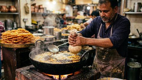 Jalebi being fried fresh in a large iron kadhai