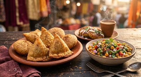 Samosas, kachori and chana chaat with chutney on a rustic plate