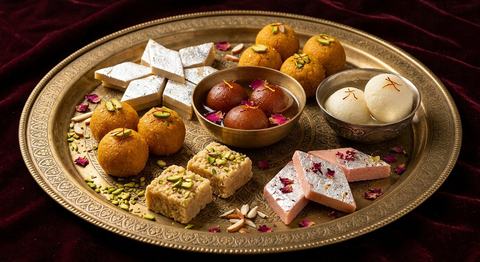 Brass thali of kaju katli, laddus, gulab jamun, rasgulla and barfi
