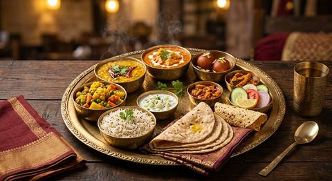 Traditional Indian veg thali with dal, paneer, sabzi, rice, roti and sweet